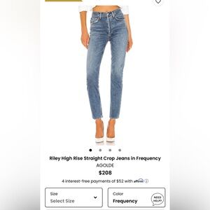 Agolde, Riley High Rise Straight Crop Jeans in “frequency”. Size 25. Like new!